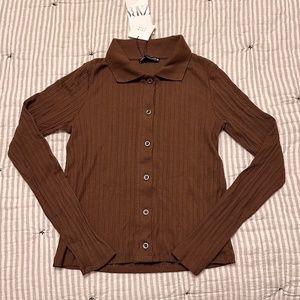 Zara Button Down Ribbed Long Sleeve